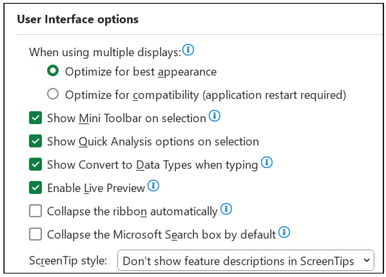 General Excel Options