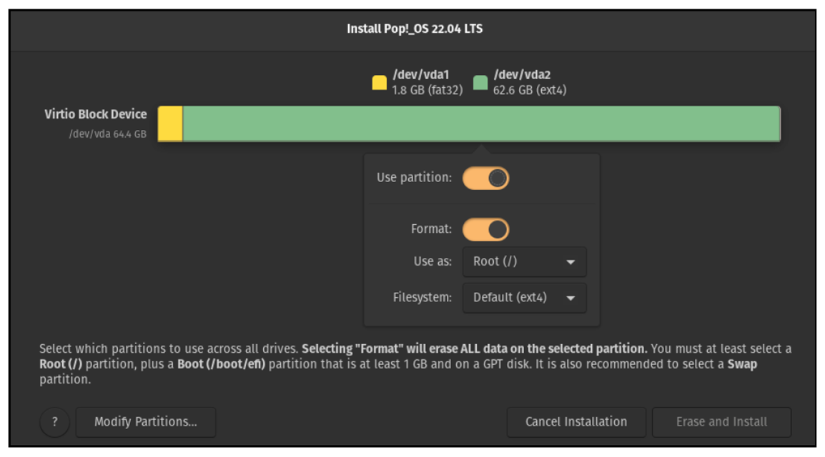 Root Partition /dev/vda2 for ext4 File System to Be Set Up