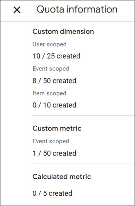 Quota Information: Number of Dimensions and Metrics Created for Your Property