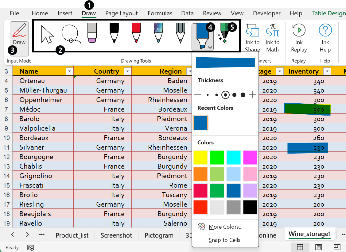 Draw Tab Provides Pens and Markers in Customizable Colors and Sizes