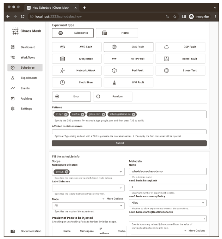 Recurring Experiments in the Chaos Mesh UI on DNS from Specific Domains