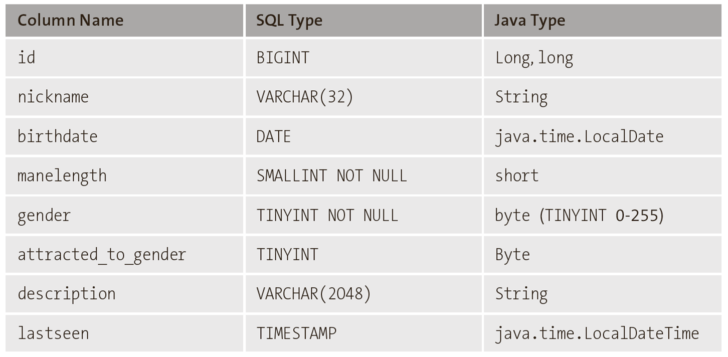 Data Types on the Java and Database Side