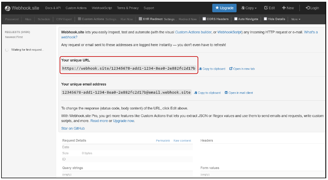Home Page of a Separate Area in the Webhook.site Web Service
