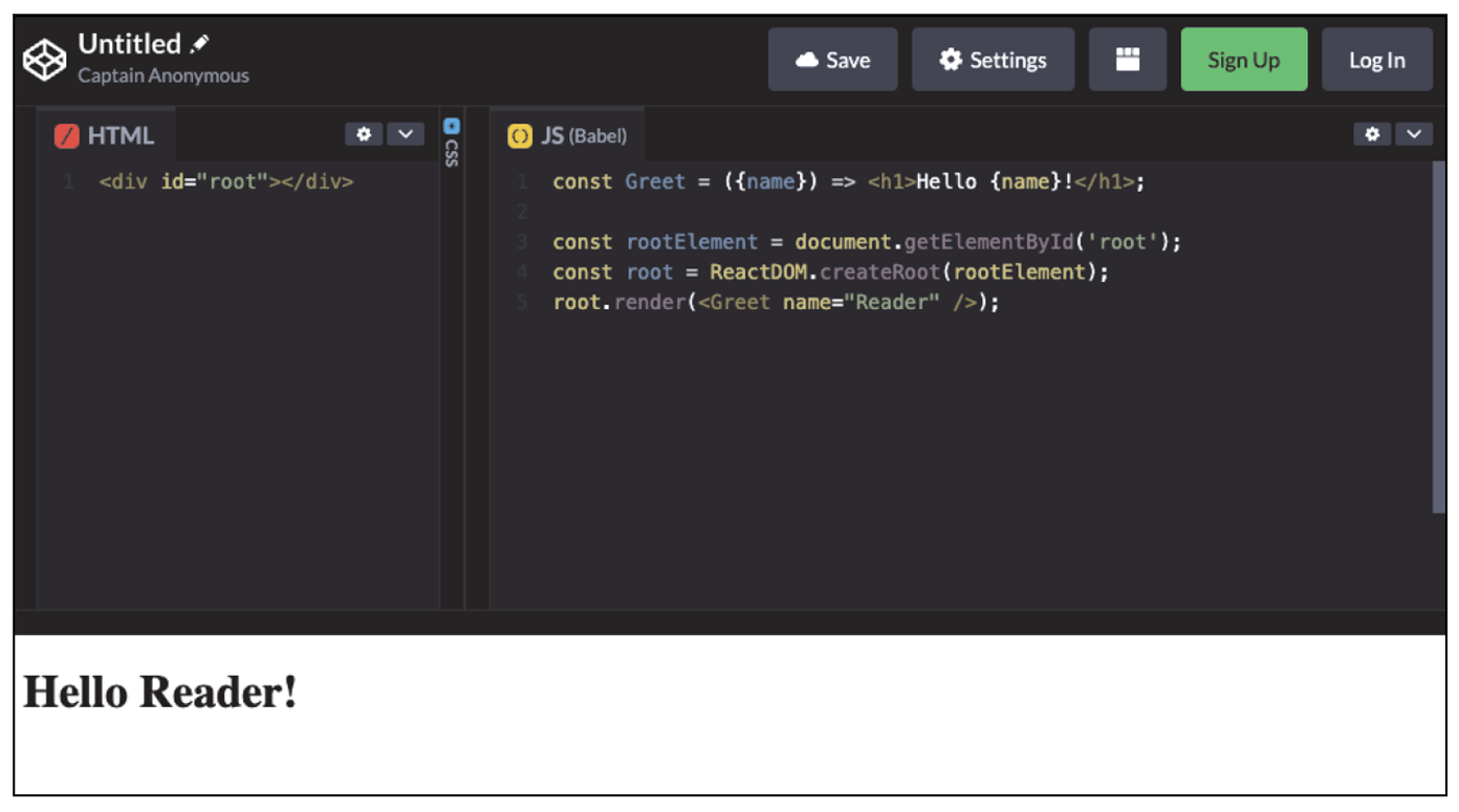 View of the React application in CodePen