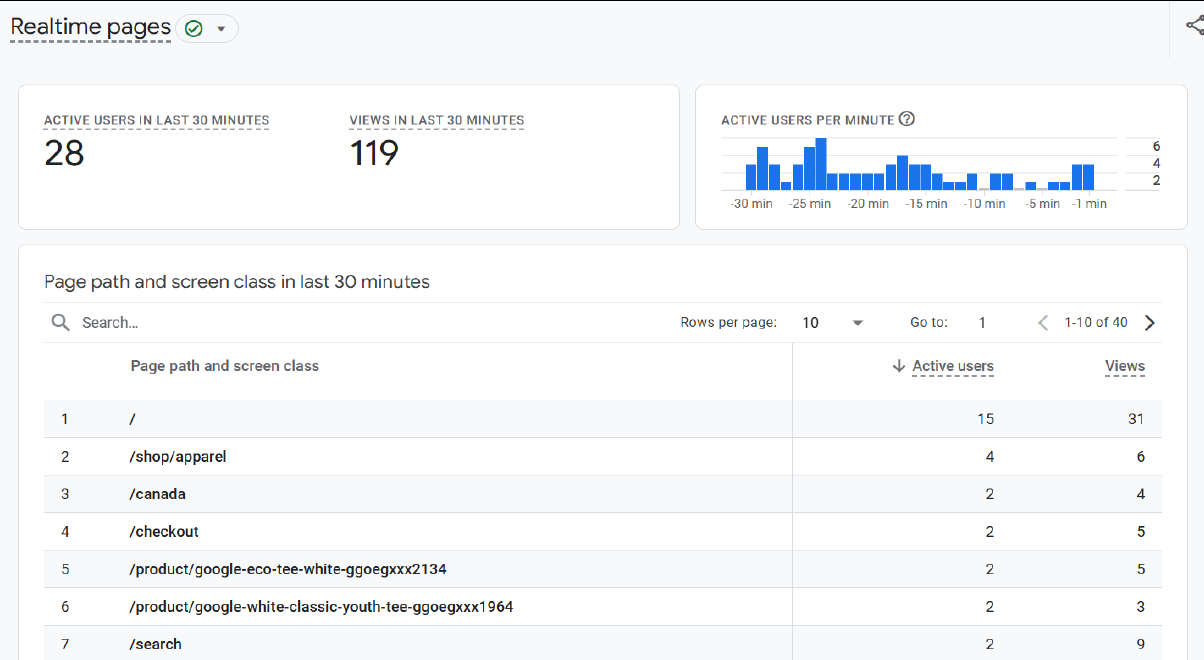 Live View of Realtime Pages Report