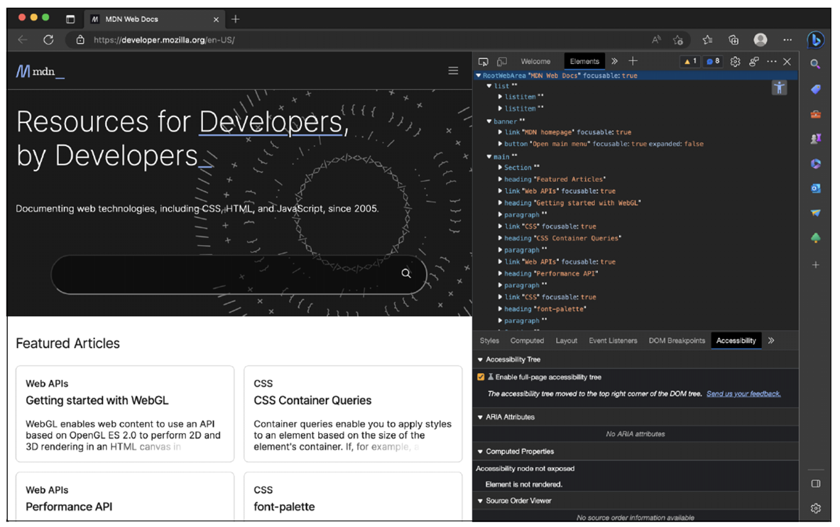 Microsoft Edge Development Tools: Accessibility Information for the Elements of a Web Page