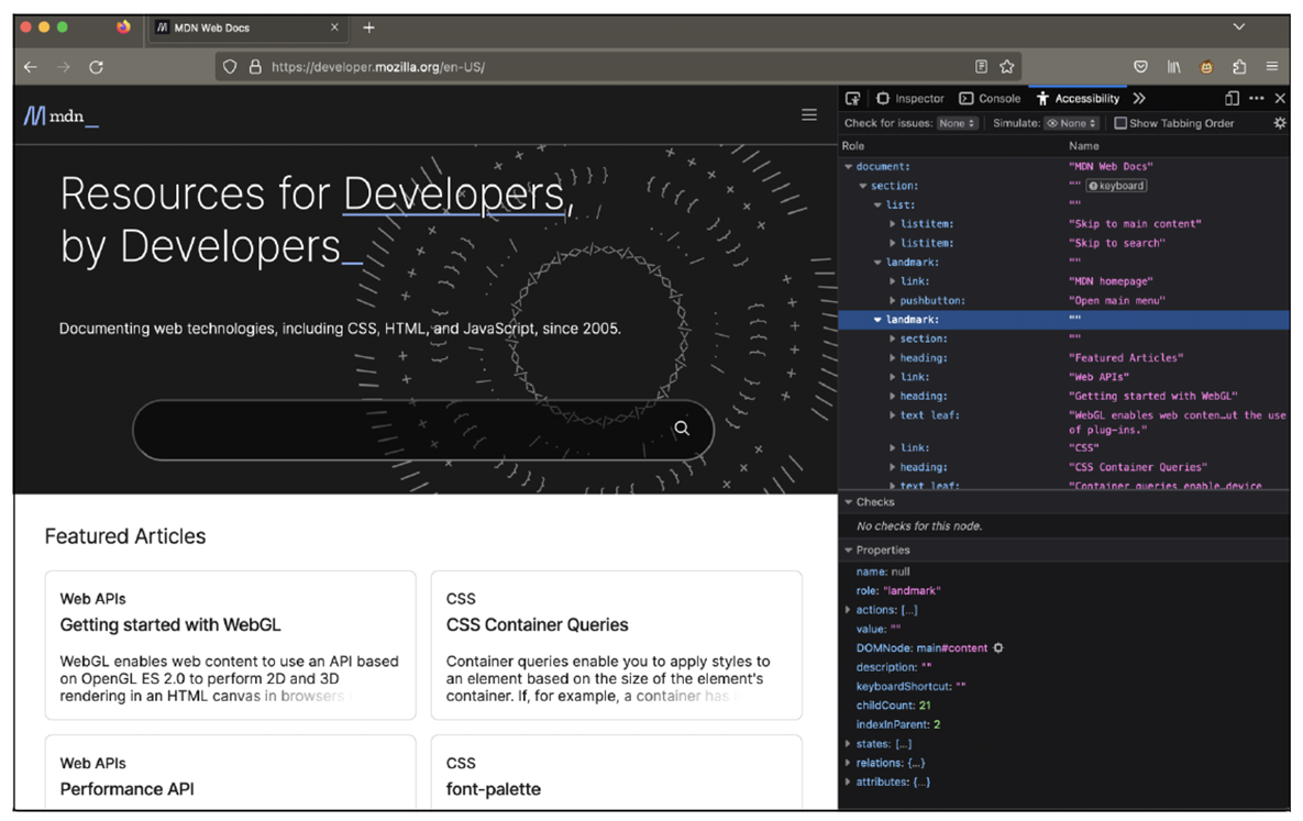 Firefox Development Tools: Accessibility Information for the Elements of a Web Page