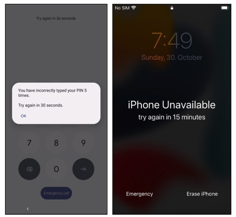 Locked Device After Five Incorrect PIN Entries: Android (Left), iOS (Right)